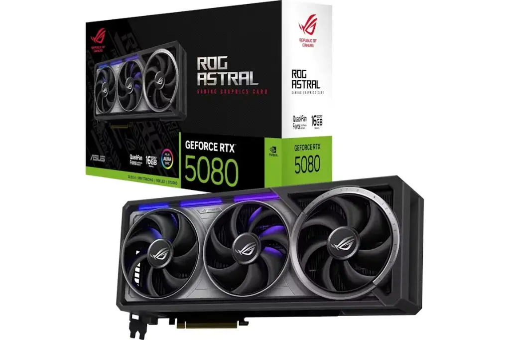 [90YV0LV1-M0NA00] ASUS GeForce RTX 5080 ROG Astral 16GB GDDR7 graphics card with PCIe 5.0 and high-performance design for premium gaming and content creation. 90YV0LV1-M0NA00