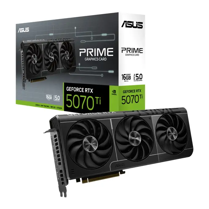 [90YV0MF1-M0NA00] ASUS PRIME RTX5070 Ti 16GB GDDR7 graphics card with PCIe 5.0, HDMI & 3× DisplayPort, 2482 MHz boost clock and compact SFF-ready design for powerful, smooth performance. 90YV0MF1-M0NA00