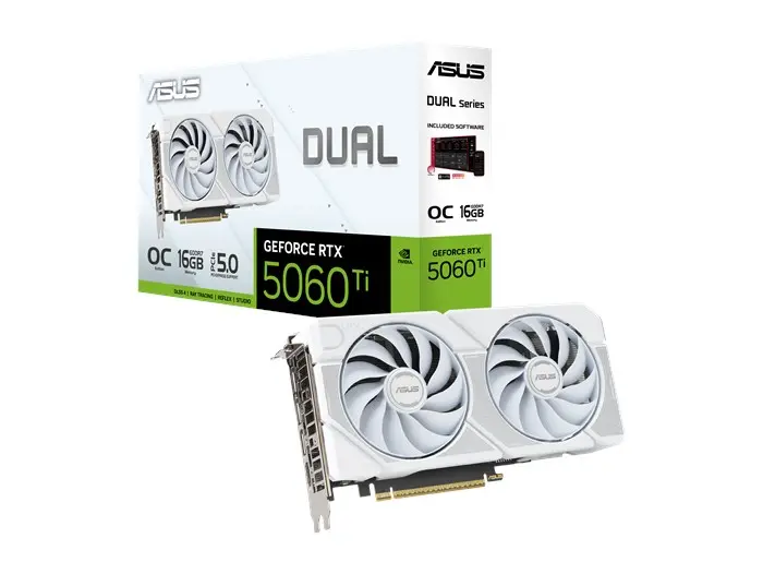 [90YV0MH6-M0NA00] ASUS Dual GeForce RTX 5060 Ti OC Edition 16GB GDDR7 white graphics card with efficient cooling and high-performance gaming power. 90YV0MH6-M0NA00