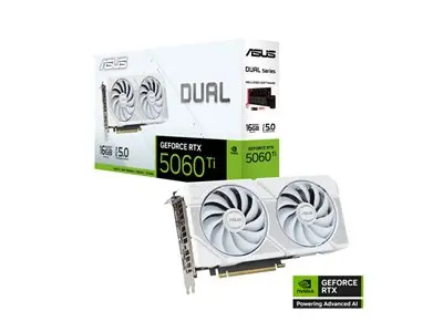 [90YV0MH7-M0NA00] ASUS Dual RTX5060Ti 16GB GDDR7 white NVIDIA GeForce RTX 5060 Ti graphics card with efficient cooling and smooth gaming performance. 90YV0MH7-M0NA00
