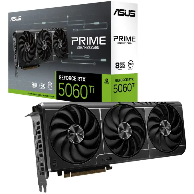 ASUS PRIME GeForce RTX 5060 Ti 8GB GDDR7 graphics card with PCIe 5.0, solid boost performance and efficient cooling for smooth gaming and creative workloads. 90YV0MP1-M0NA00