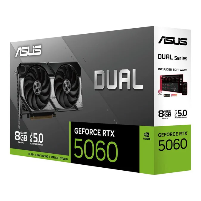 ASUS 90YV0N13-M0NA00 Dual GeForce RTX 5060 8GB GDDR7 graphics card with PCIe 5.0, 28 Gbps memory, HDMI 2.1b & DisplayPort 2.1b for smooth, modern gaming