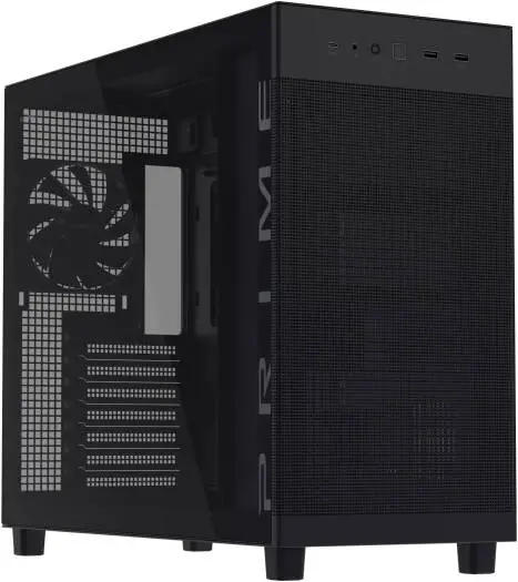 [90DC00V0-B39010] ASUS Prime AP303 Tempered Glass ATX mid-tower case with 44 L capacity, high-airflow mesh design, 360 mm radiator support and USB-C Gen 2×2 — sleek, compact cooling-ready chassis. 90DC00V0-B39010