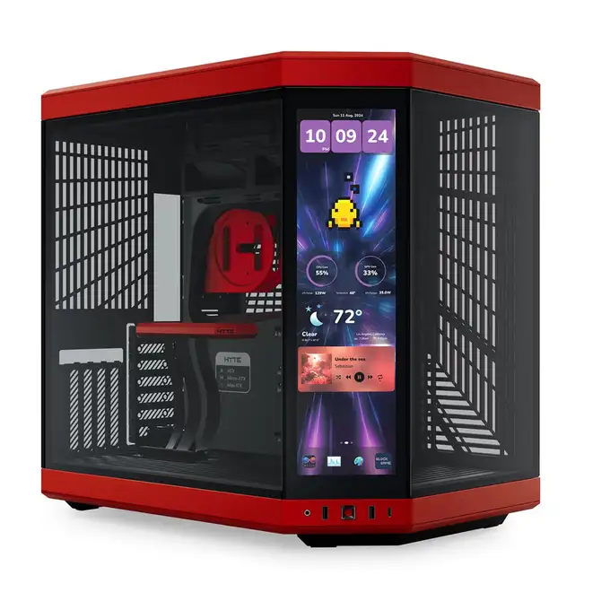 [CS-HYTE-Y70TTI-RB] HYTE Y70 Touch Infinite mid-tower gaming case in bold red with immersive touch display, dual-chamber design, and advanced cooling support—built to showcase high-performance builds CS-HYTE-Y70TTI-RB