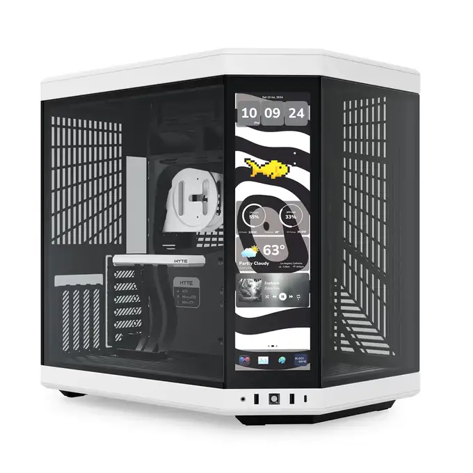 [CS-HYTE-Y70TTI-WB] HYTE Y70 Touch Infinite mid-tower gaming case in black and white with integrated touch display, dual-chamber layout, and advanced cooling support—designed to showcase elite builds CS-HYTE-Y70TTI-WB