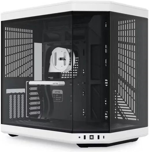 [CS-HYTE-Y70-BW] HYTE Y70 mid-tower case in black and white with panoramic glass design, spacious interior, and optimized airflow—crafted to showcase and cool powerful gaming builds CS-HYTE-Y70-BW