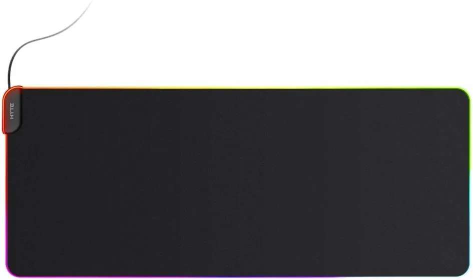 HYTE CNVS qRGB Intense mouse pad 900x370mm with soft polyester surface, polyurethane rubber base, USB-C input, and liquid-resistant design—bold RGB control for your setup 848604044941