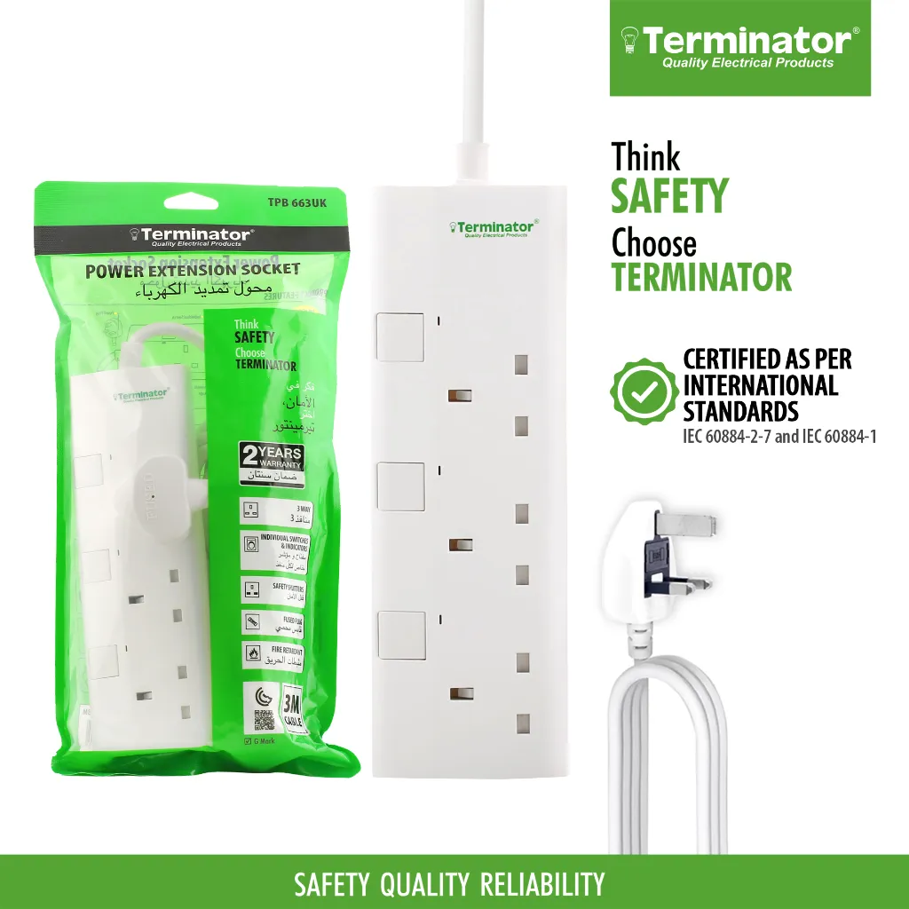 [TPB 663UK-3M] Terminator 3-way UK power extension socket with individual switches, LED indicators, 1.25mm² 3M cable, and 13A fused plug