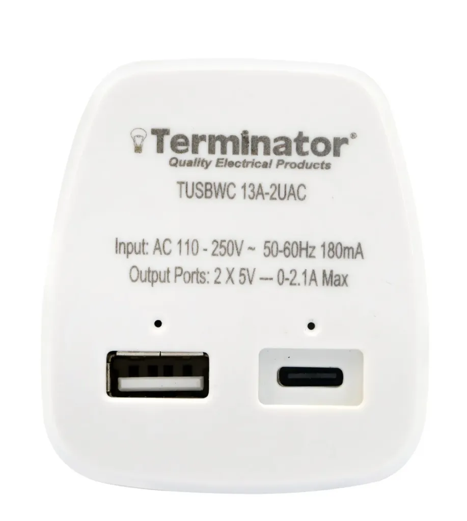 [TUSBWC 13A-2UAC] Terminator USB Wall Charger 2.1A with Type-A & Type-C Ports and 13A Plug