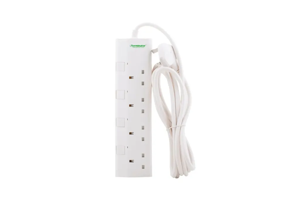 Terminator 4-way UK power extension socket with individual switches, LED indicators, 1.25mm² 3M cable, and 13A fused plug
