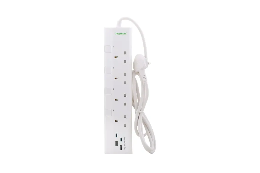 Terminator 4-way UK power extension socket with 4 USB ports 3.4A (Type-A & Type-C), individual switches, LED indicators, 1.25mm² 2M cable, and 13A fused plug