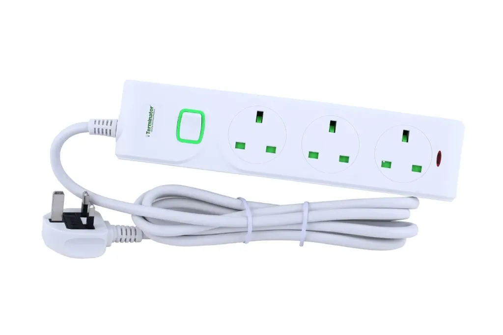 Terminator 3-way UK power extension socket with master switch, single LED indicator, 1.25mm² 2M cable, and 13A fused moulded plug