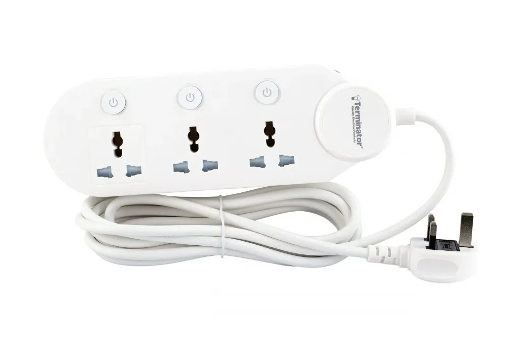 Terminator 3-way universal power extension socket with individual switches, LED indicators, 3M cable, and 13A fused plug