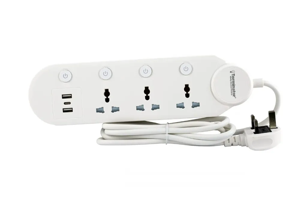 Terminator 3-way universal power extension socket with 3 USB ports (2.6A, Type-A & Type-C), individual switches, LED indicators, 2M cable, and 13A fused plug
