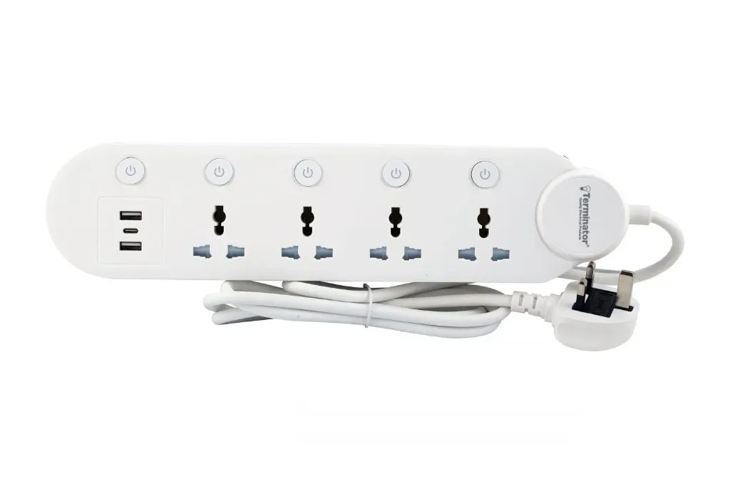 Terminator 4-way universal power extension socket with 3 USB ports (2.6A, Type-A & Type-C), individual switches, LED indicators, 2M cable, and 13A fused plug