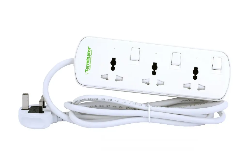 Terminator 3-way universal power extension socket with individual switches, LED indicators, 1.25mm² 2M cable, and 13A fused moulded plug