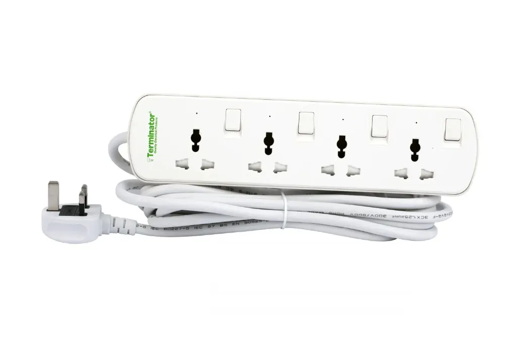 Terminator 4-way universal power extension socket with individual switches, LED indicators, 1.25mm² 2M cable, and 13A fused moulded plug