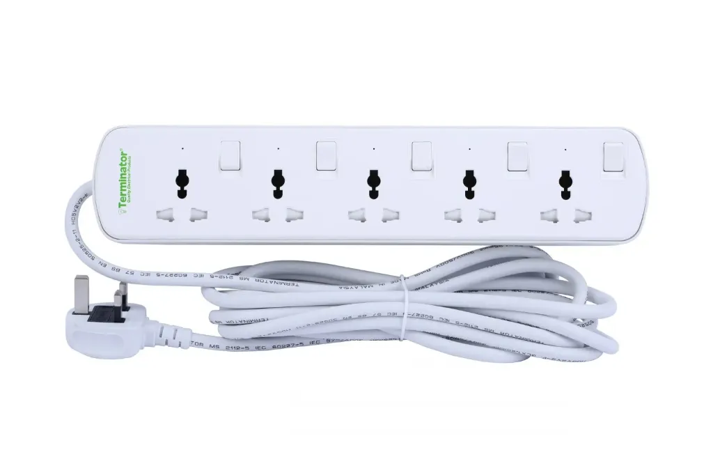 Terminator 5-way universal power extension socket with individual switches, LED indicators, 1.25mm² 2M cable, and 13A fused moulded plug