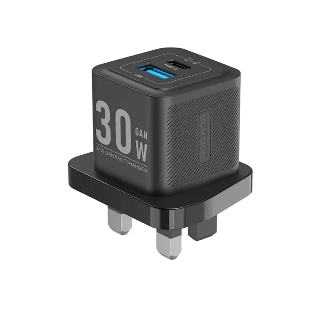 [FEQB0-UK] VENTION 2-Port USB (C + A) GaN Charger (30W/30W) UK-Plug (Black)