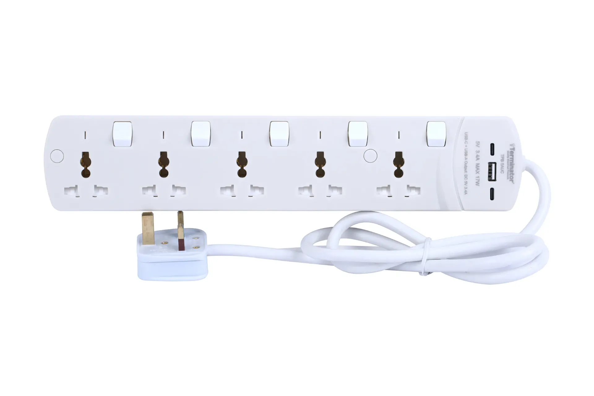 5 Way Universal Power Extension Socket With 3USB 3.4Amp (A & C Type), Individual Switches, Indicators, 1.25mm² Cable 3M & 13A Fused Plug