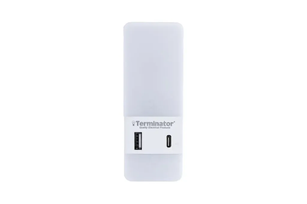 [TNL 307-UAC] Terminator LED Night Light with Touch On/Off Switch, 2 USB Ports (A & C) 5V 2A, Smart Light Control, 8000H Lifespan, UK Plug – White