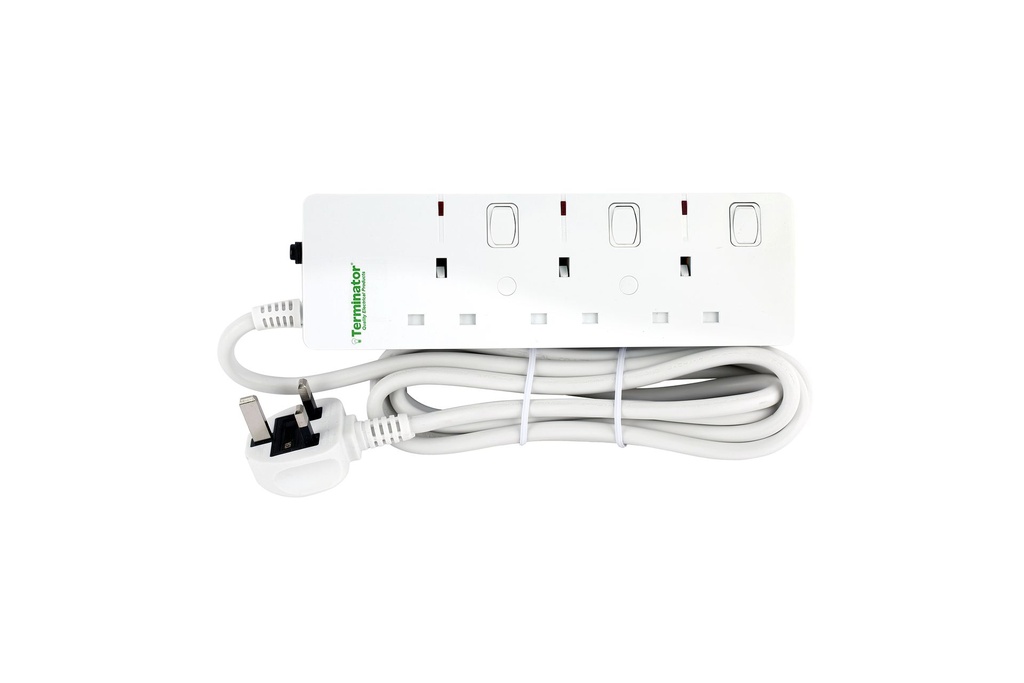 [TPB 803UK-SQ-3M] Terminator 3-Way UK Power Extension Socket, 3M 1.5mm² Cable, 13A Fused Plug, Overload Protection, Individual Double Pole Switches, BS1363/A, SASO & G Mark Approved