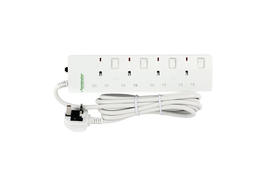 [TPB 804UK-SQ-3M] Terminator 4-Way UK Power Extension Socket, 3M 1.5mm² Cable, 13A Fused Plug, Overload Protection, Double Pole Individual Switches, BS1363/A, SASO & G Mark Approved, Made in UAE