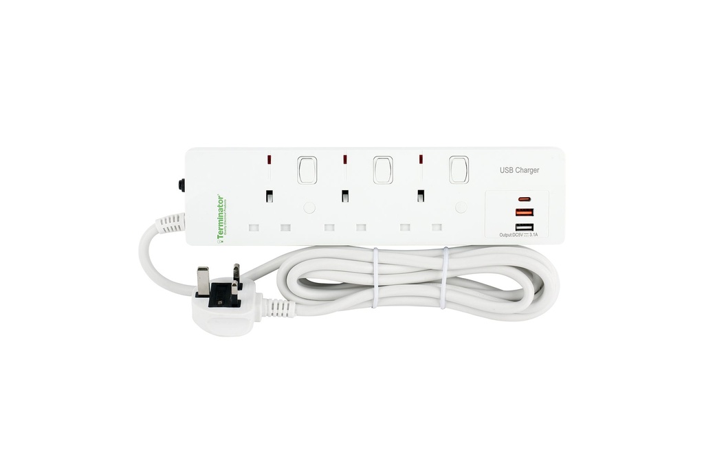[TPB 803UK-UAC-SQ-3M] Terminator 3-Way UK Power Extension Socket with 3 USB Ports (A & C) 5V 3.1A, 3M 1.5mm² Cable, 13A Fused Plug, Overload Protection, Double Pole Switches, BS1363/A, SASO & G Mark Approved, Made in UAE