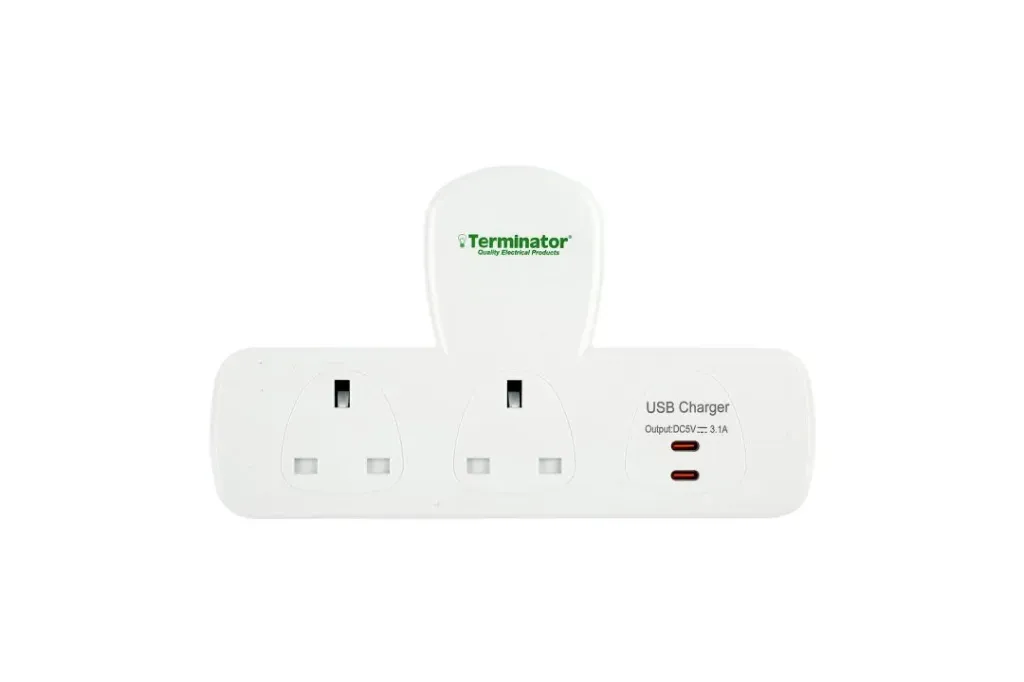 [TMA 602T-2UC-UK-SQ] Terminator 2-Way UK T-Socket Multi Adapter with 2 USB-C Ports 5V 3.1A, 13A Fused Plug, Safety Shutter, 3250W Max, BS1363/A IEC 60884-2-5, SASO & G Mark Approved, Made in UAE
