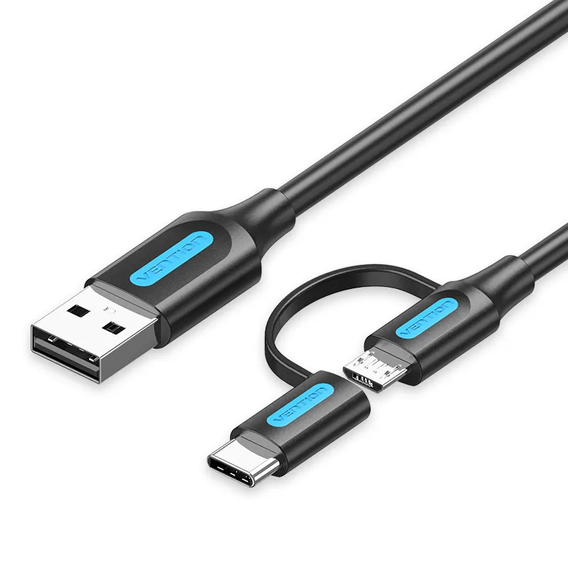 [CQDBC] VENTION USB 2.0 A Male to 2-in-1 Micro-B&USB-C Male Cable Black PVC Type (0.25 M)