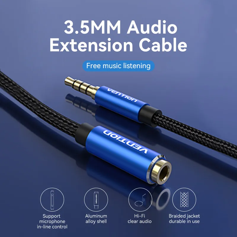 VENTION Cotton Braided TRRS 3.5mm Male to 3.5mm Female Audio Extension Cable Blue Aluminum Alloy