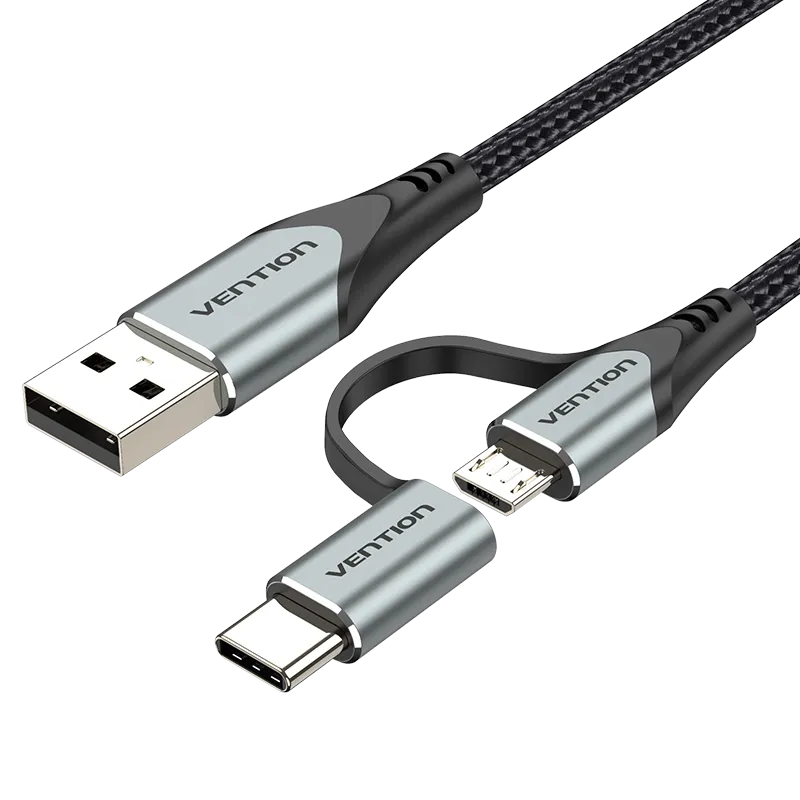 [CQEHD] VENTION USB 2.0 A Male to 2-in-1 Micro-B&USB-C Male Cable Gray Aluminum Alloy Type (0.50 M)