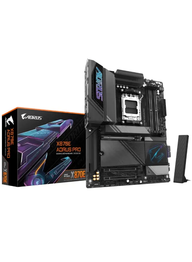 X870E AORUS PRO (rev. 1.0) ATX Motherboard – AMD AM5 Socket, Compatible with Ryzen™ 9000/8000/7000 Series Processors, AMD X870E Chipset, 4 x DDR5 DIMM Slots (Supports Up to 256GB, 8200 MT/s), PCIe 5.0 x16, 4 x M.2 Slots, 2.5GbE LAN, Wi-Fi 7, USB4, HDMI 2.1, Realtek ALC1220 Audio, Dual Channel Memory, EZ-Latch Plus & EZ-Latch Click, Advanced Thermal Armor, RGB Support, Q-Flash Plus, and Smart Backup | X870E AORUS PRO
