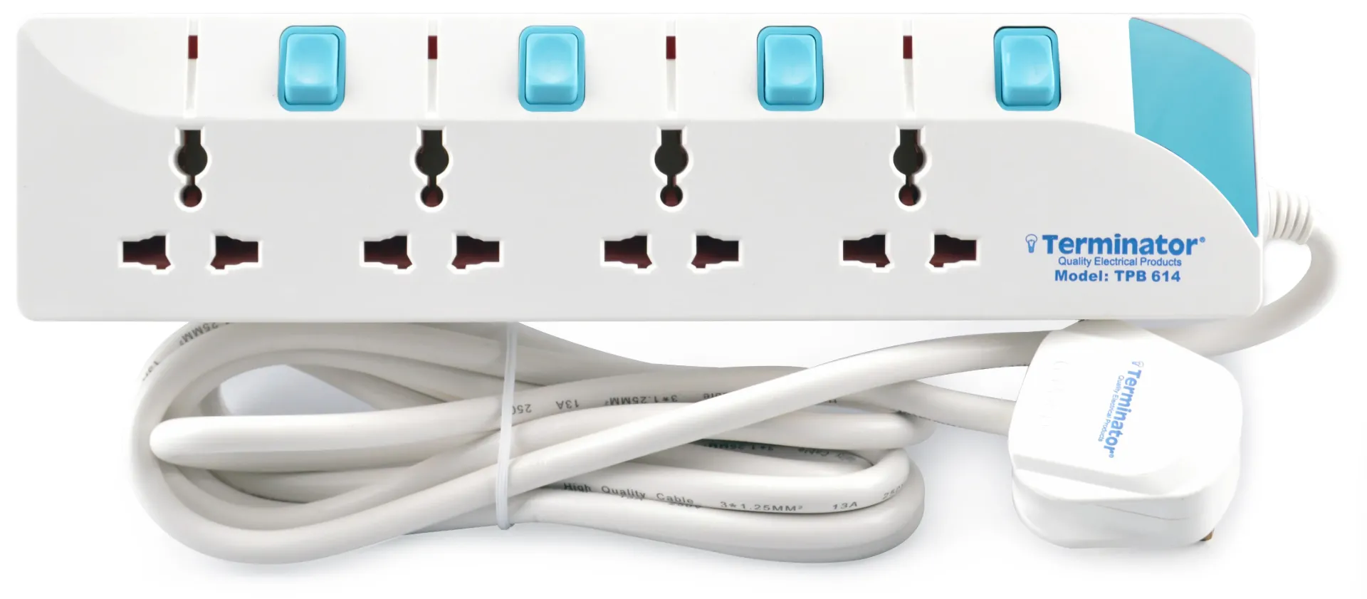 [TPB 614-3M] Terminator 4 Way Universal Power Extension Socket With Individual Switches & Indicators, Circuit Breaker,Cable 13A Fused Plug (3 M)