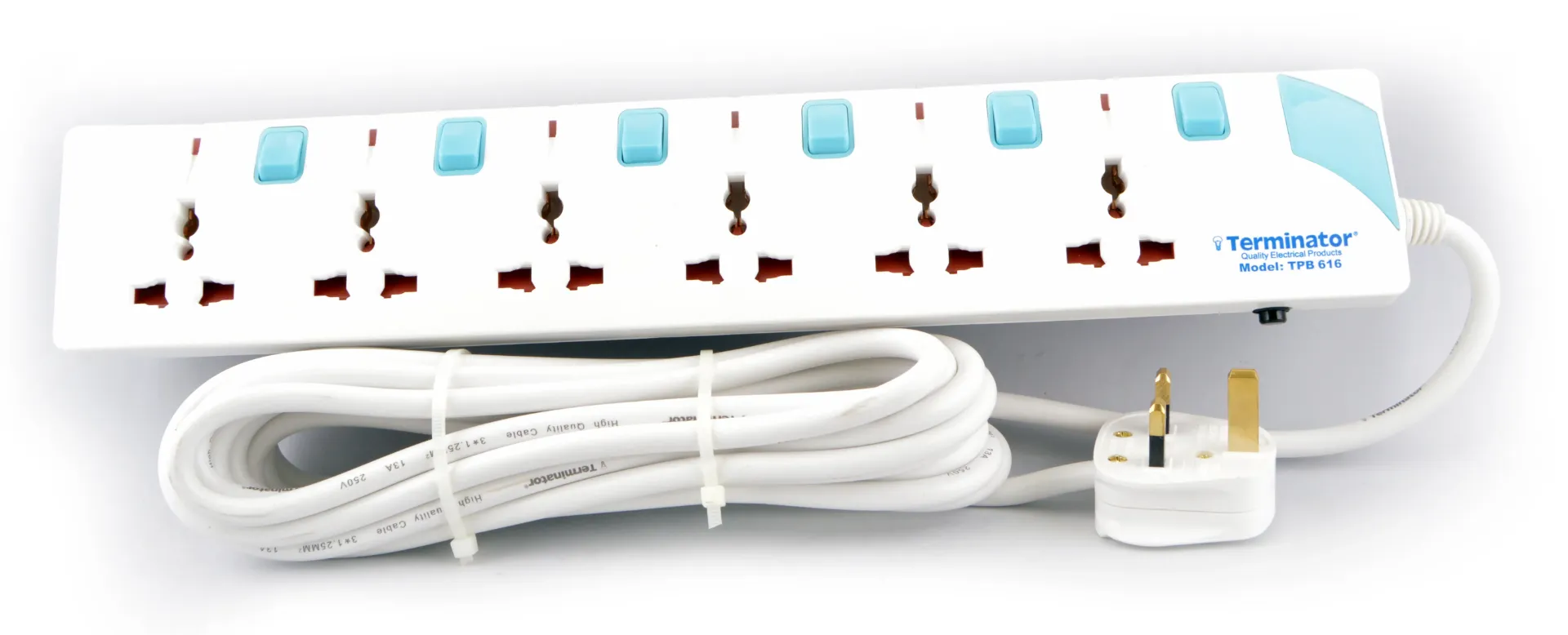 Terminator 6 Way Universal Power Extension Socket With Individual Switches & Indicators, Circuit Breaker, Cable 13A Fused Plug