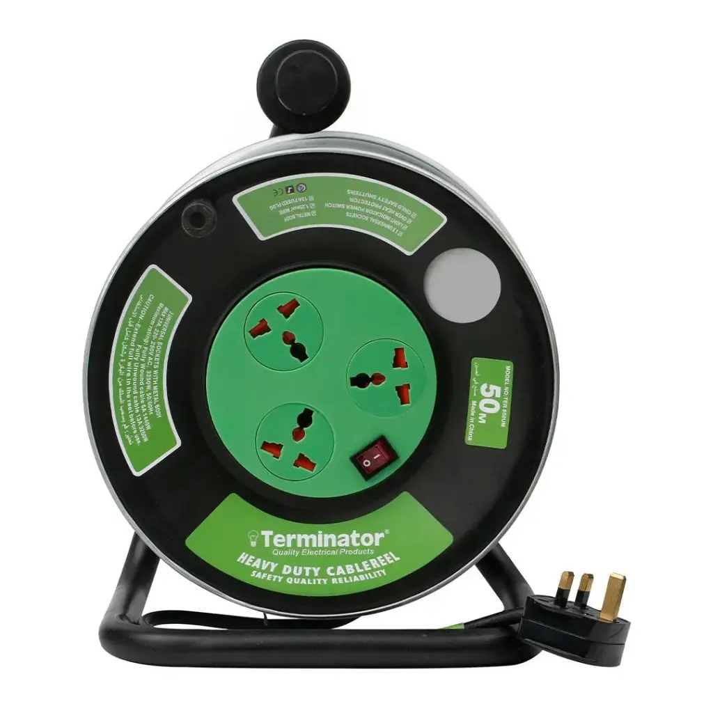 Terminator 3 Way Univ. Ext. Reel Socket with Lighted Switch 1.25mm2 Wire & Metal Spool & Safety Shutter