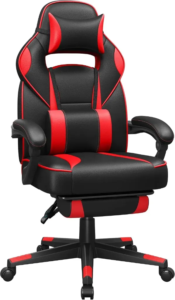 Songmics Racing Gaming Chair, Adjustable Office Chair With Footrest, Ergonomic Design, Tilt Mechanism, Headrest, Lumbar Support, 150 Kg Weight Capacity, Black And Red
