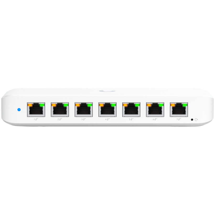 [USW-ULTRA-210W-EU] Ubiquiti USW-Ultra-210W-EU compact, Layer 2, 8-port GbE PoE switch with versatile mounting options, 7x GbE PoE+ output ports, GbE port with optional PoE++ input, 202W PoE availability with the included AC power adapter