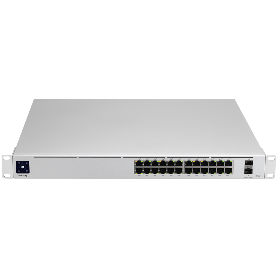 [USW-PRO-24-POE] UBIQUITI Pro 24 PoE; (16) GbE PoE+, (8) GbE PoE++ ports; (2) 10G SFP+ ports; 400W total PoE availability; DC power backup-ready; Layer 3 switching; Near-silent cooling.