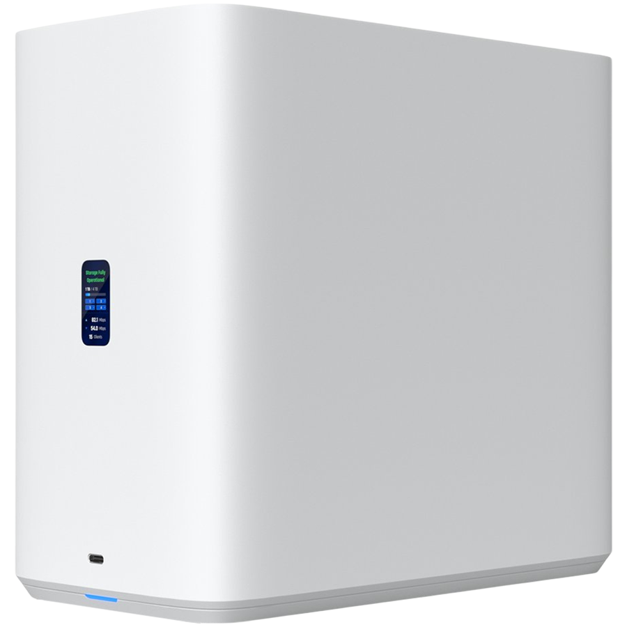 Ubiquiti UniFi UNAS-4-W-EU Network Attached Storage with (4) 2.5/3.5" HDD bays, (2) M.2 NVMe SSD cache slots, 2.5 GbE networking, USB-C connectivity, and an included PoE+++ adapter, all in a compact footprint