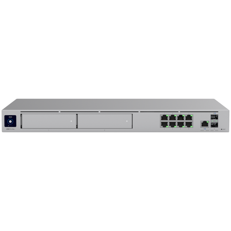 [UDM-PRO-MAX-EU] Ubiquiti rack-mount Cloud Gateway with 10 Gbps performance, multi-WAN load balancing, and two NVR drive bays designed for large-scale, multi-application UniFi sites