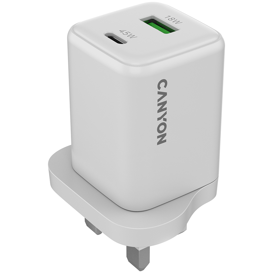 [CNS-CUW45AC-UK] CANYON charger CU45AC GaN 45W 1xPD 1xQC UK White