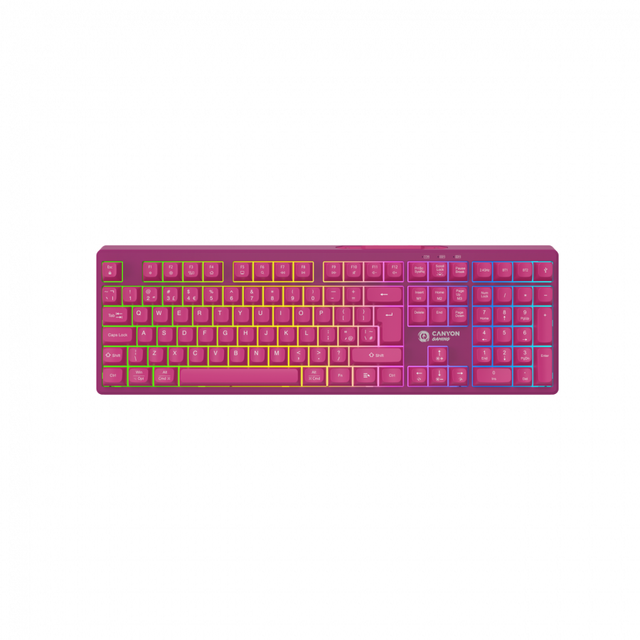 [CND-SKBW2] Canyon 105keys gaming keyboard,with 2.4G+ Bluetooth mode, battery 2000mAh, RGB backlight 3 types and 7 colors, size:407*119*19mm, PVC cable 1.8M , Black,weight:556+/-10g