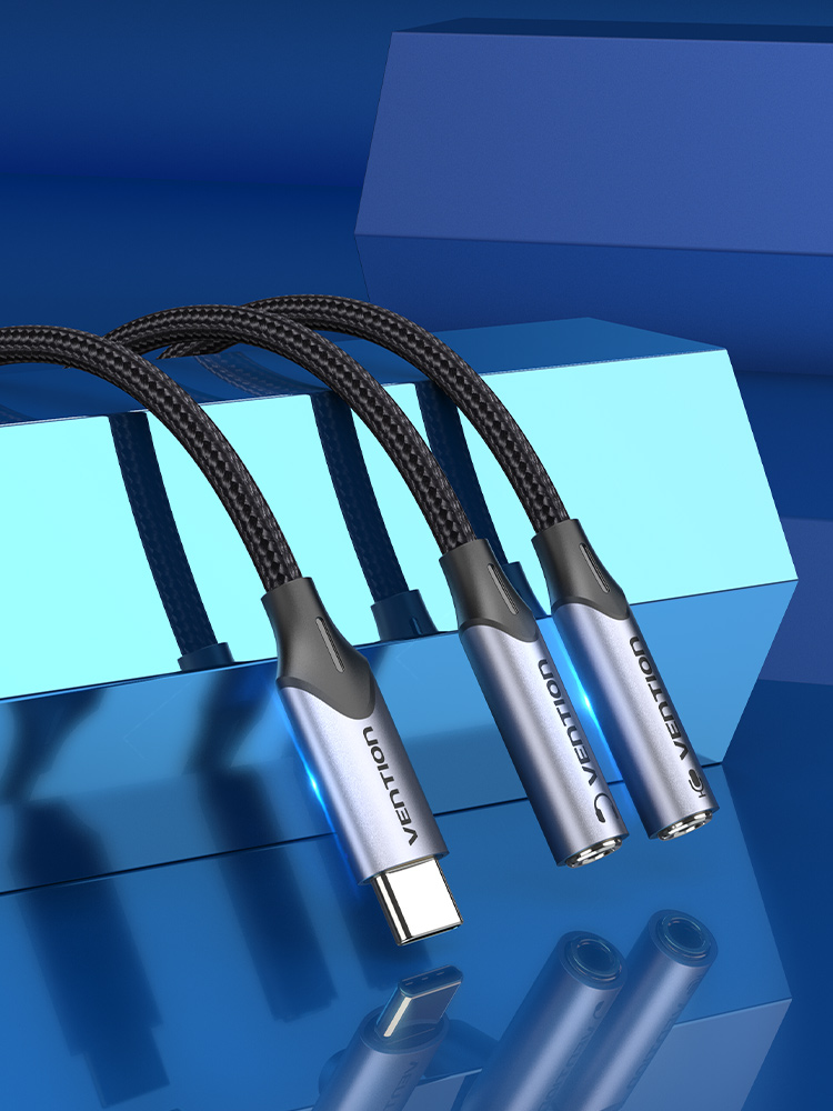 VENTION Cotton Braided 3.5mm Female to 2-Female RCA Audio Cable 0.3M Gray Aluminum Alloy Type Model # BCOHY