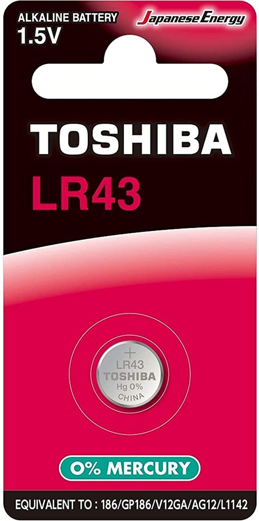 TOSHIBA LR43 Alkaline 1.5V Battery LR43 BP-1C Equivalent to: 186, GP186, V12GA, AG12, L1142