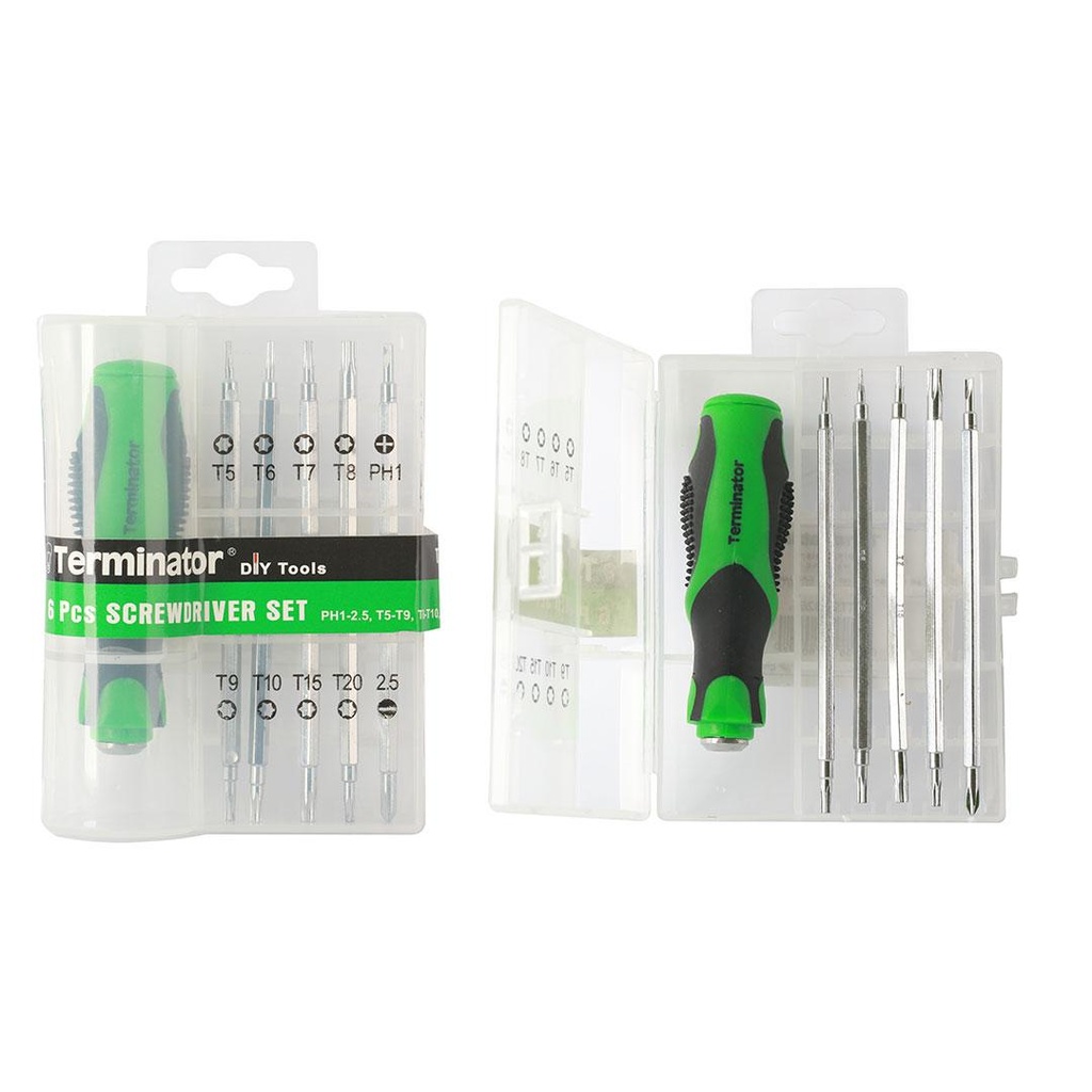 Terminator Screwdriver 6Pcs Set, 5 Roots Various Heads, Rubberized Green Soft Handle TTSD 326