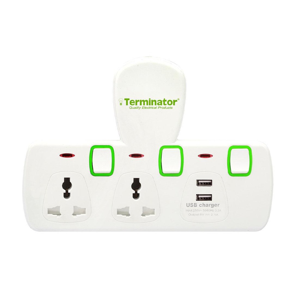TERMINATOR 2 WAY UNIVERSAL T SOCKET WITH 2USB, 2.1Ah INDIVIDUAL SWITCH AND INDICATOR WITH FUSED IN WHITE COLOR-TMA 2T-2USB