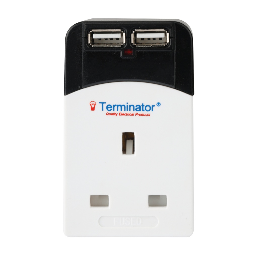 Terminator Multi Adaptor 3 Way Socket With 2000mA 2USB Sockets 13A Plug
