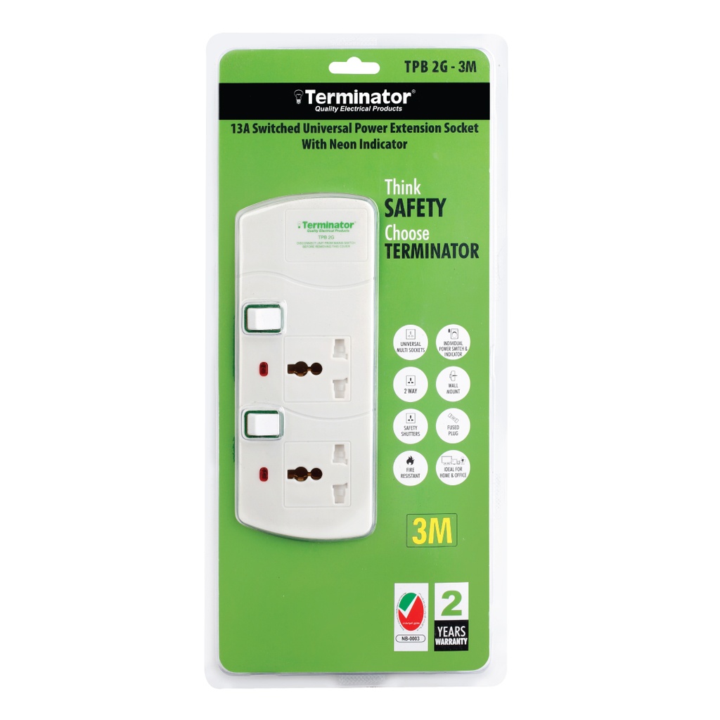 Terminator 2 way Universal Power Extension Socket, 3M 3X1.25MM2, White color body & cable with individual switch 13a Fused plug.