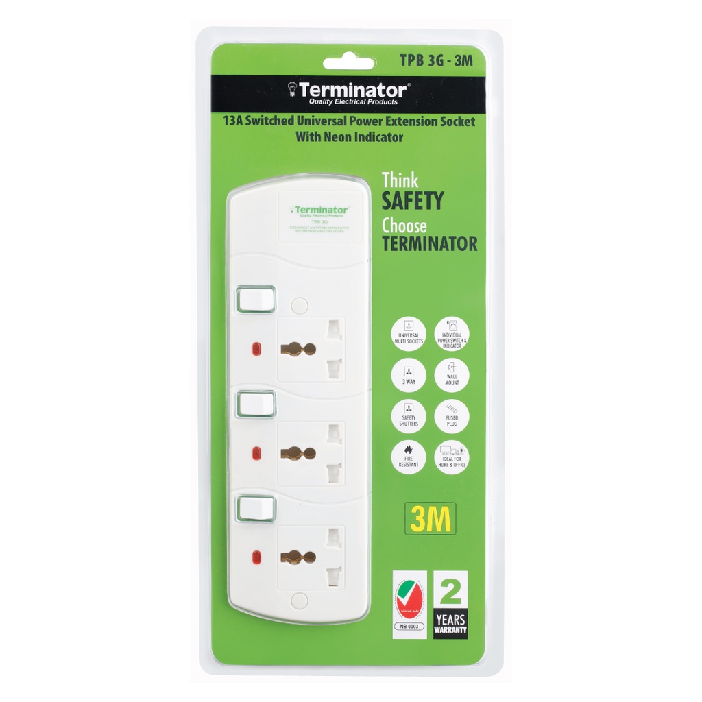 Terminator 3 way Universal Power Extension Socket, 3M 3X1.25MM2, White color body & cable with individual switch 13a Fused plug.